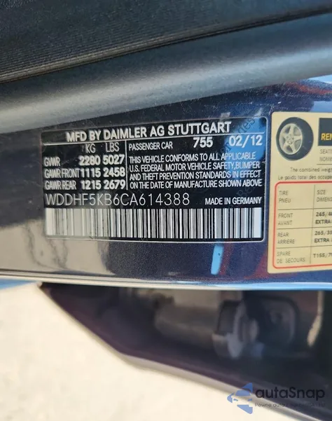 2012 Mercedes-Benz E 350 from USA, damaged, VIN WDDHF5KB6CA614388